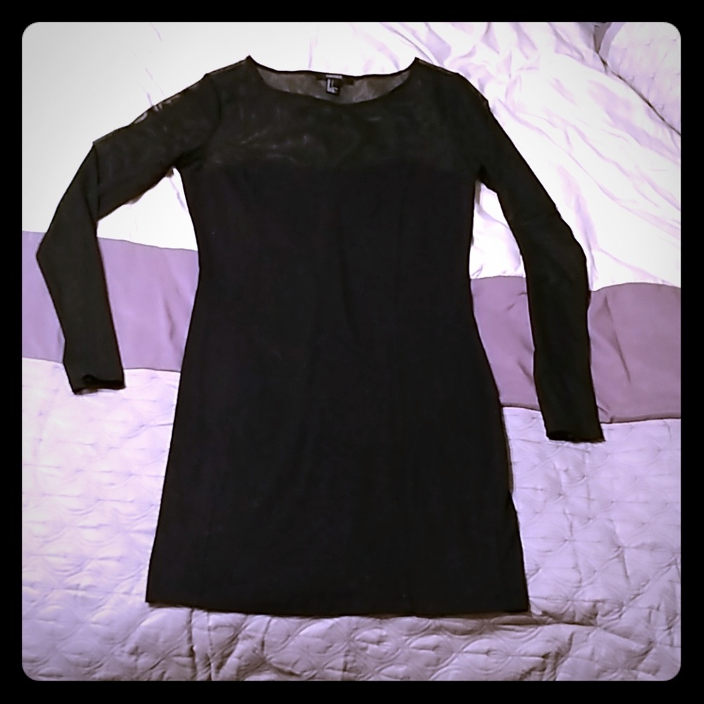 Forever 21 Black Mesh & Knit Long Sleeve Dress